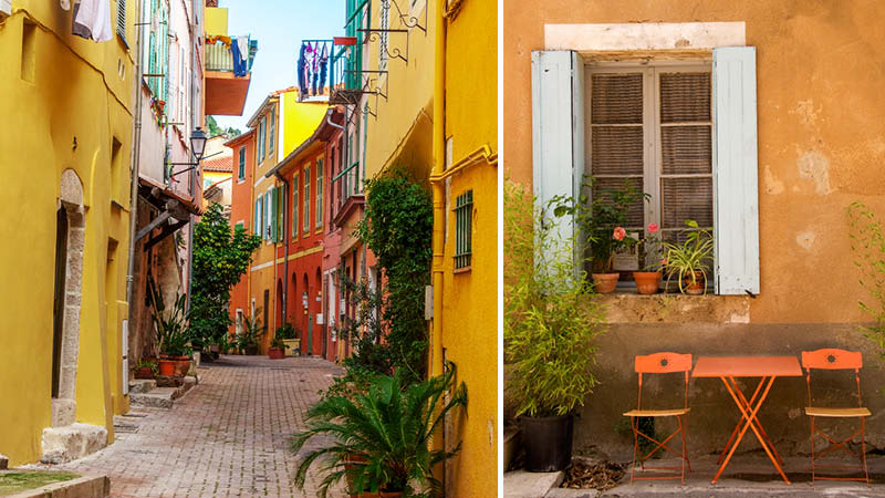 Frgglada fasader och vxter i gamla stan i Nice p en resa till Provence.